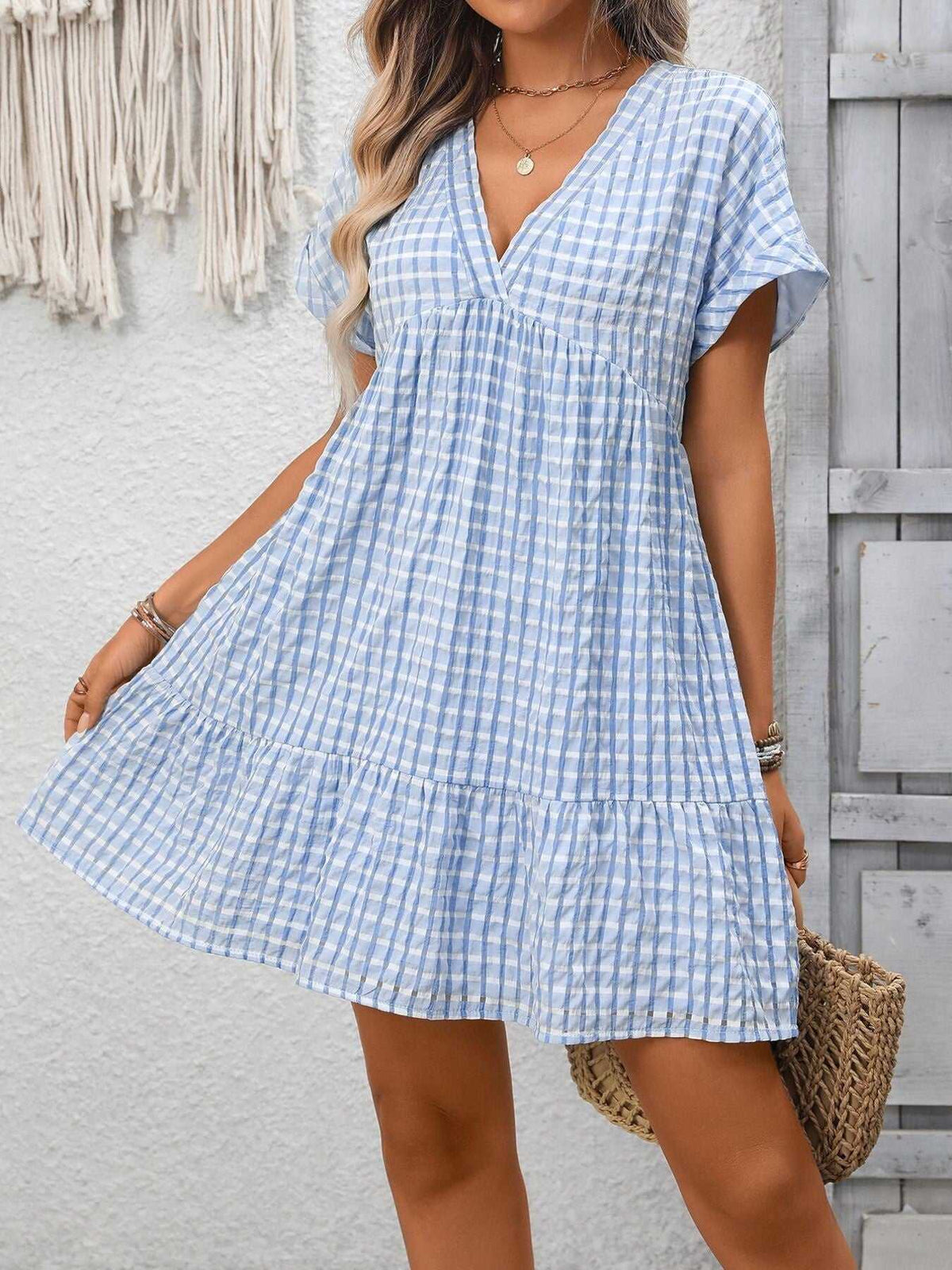 Plaid V-Neck Ruffle Hem Mini Dress 100100856082882 43 Affordable Fashion Under $100 Jerry's Apparel 