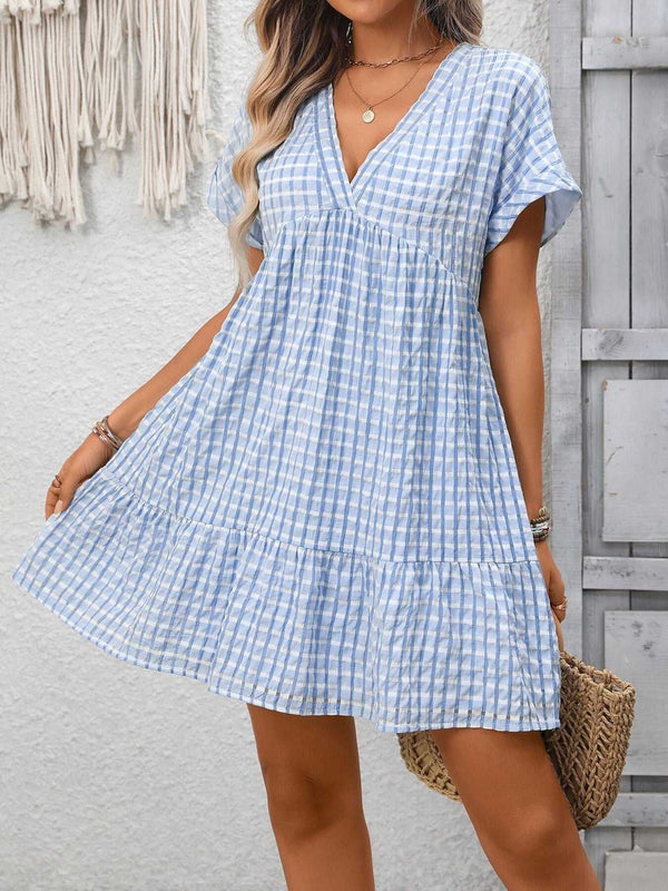 Plaid V-Neck Ruffle Hem Mini Dress 100100856082882 43 Affordable Fashion Under $100 Jerry's Apparel 