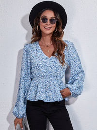 Ruched Printed V-Neck Long Sleeve Blouse