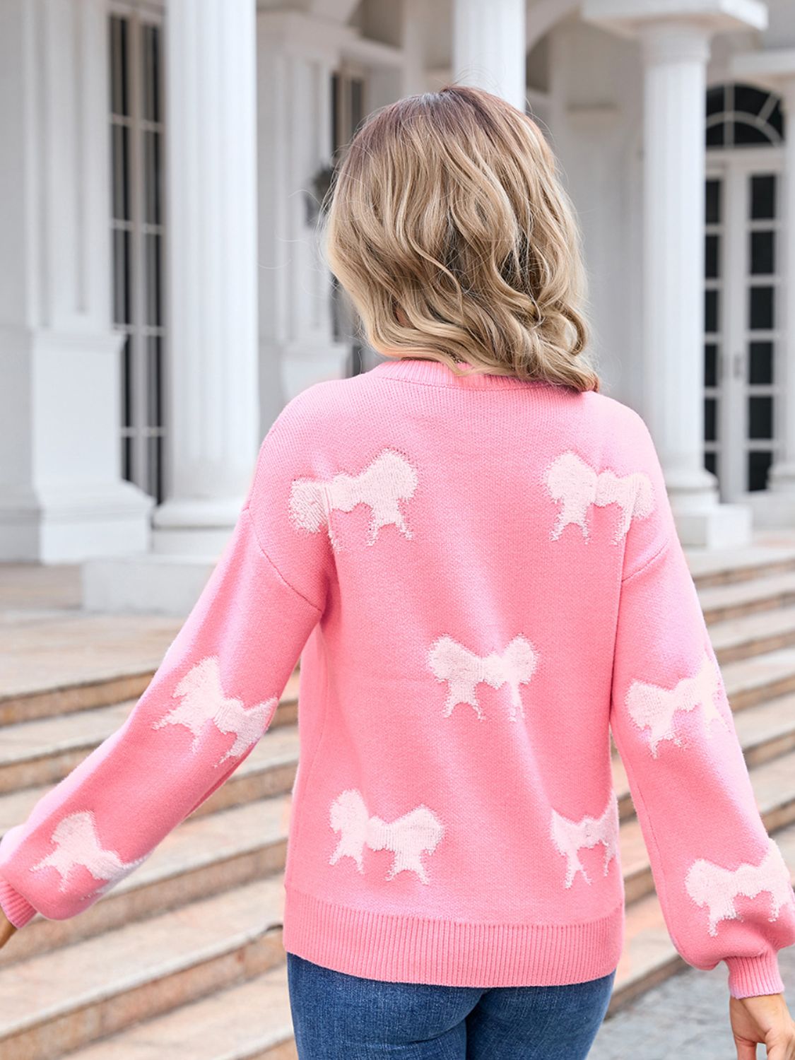 Angel Wings Bow Round Neck Dropped Shoulder Sweater