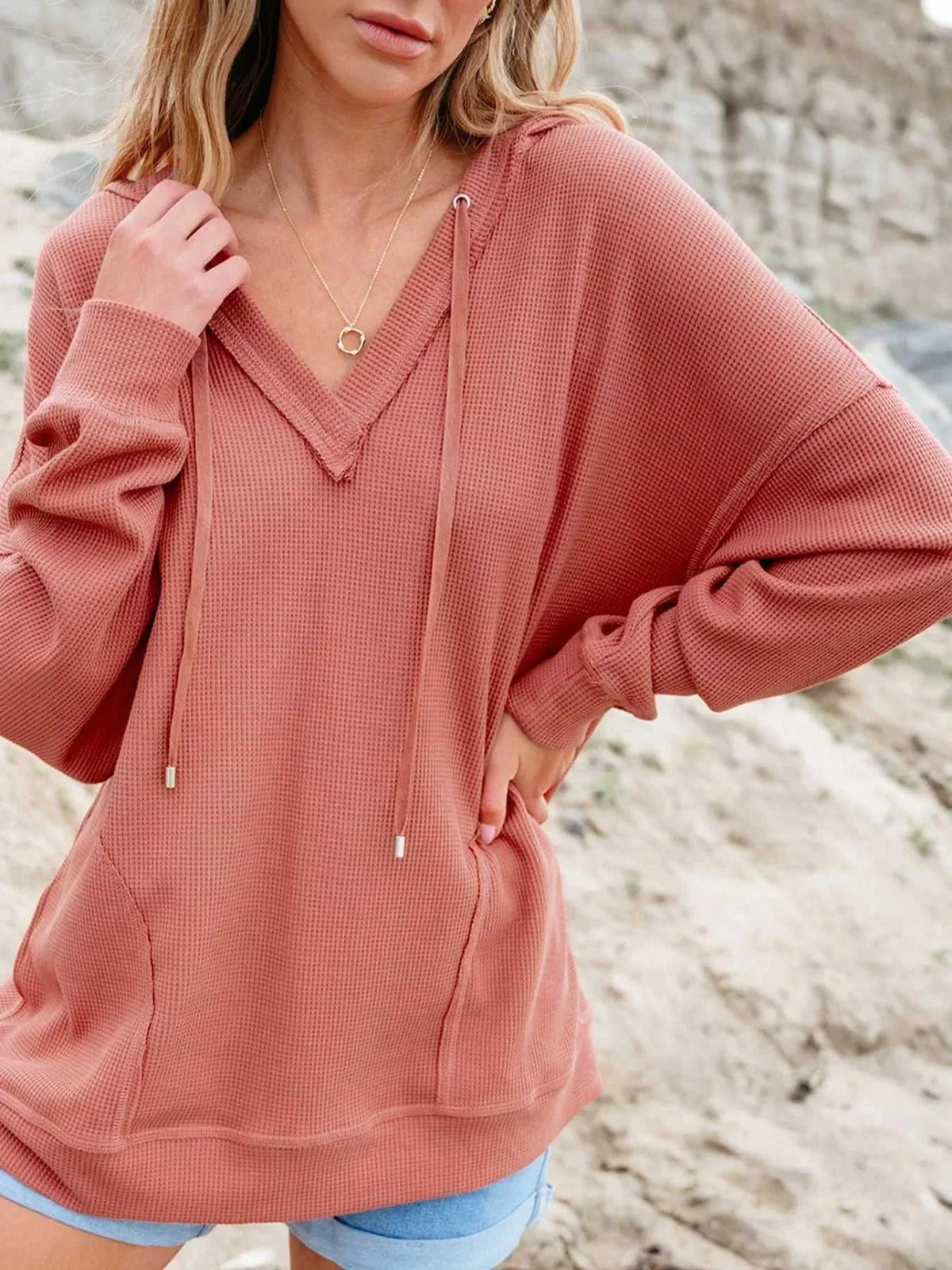 Drawstring V-Neck Waffle Knit Casual Hoodie 100100700285845 53 Affordable Fashion Under $100 Jerry's Apparel 