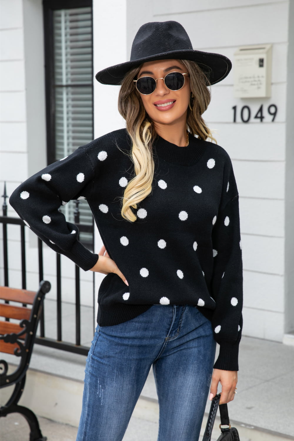 Angel Wings Woven Right Polka Dot Round Neck Dropped Shoulder Sweater