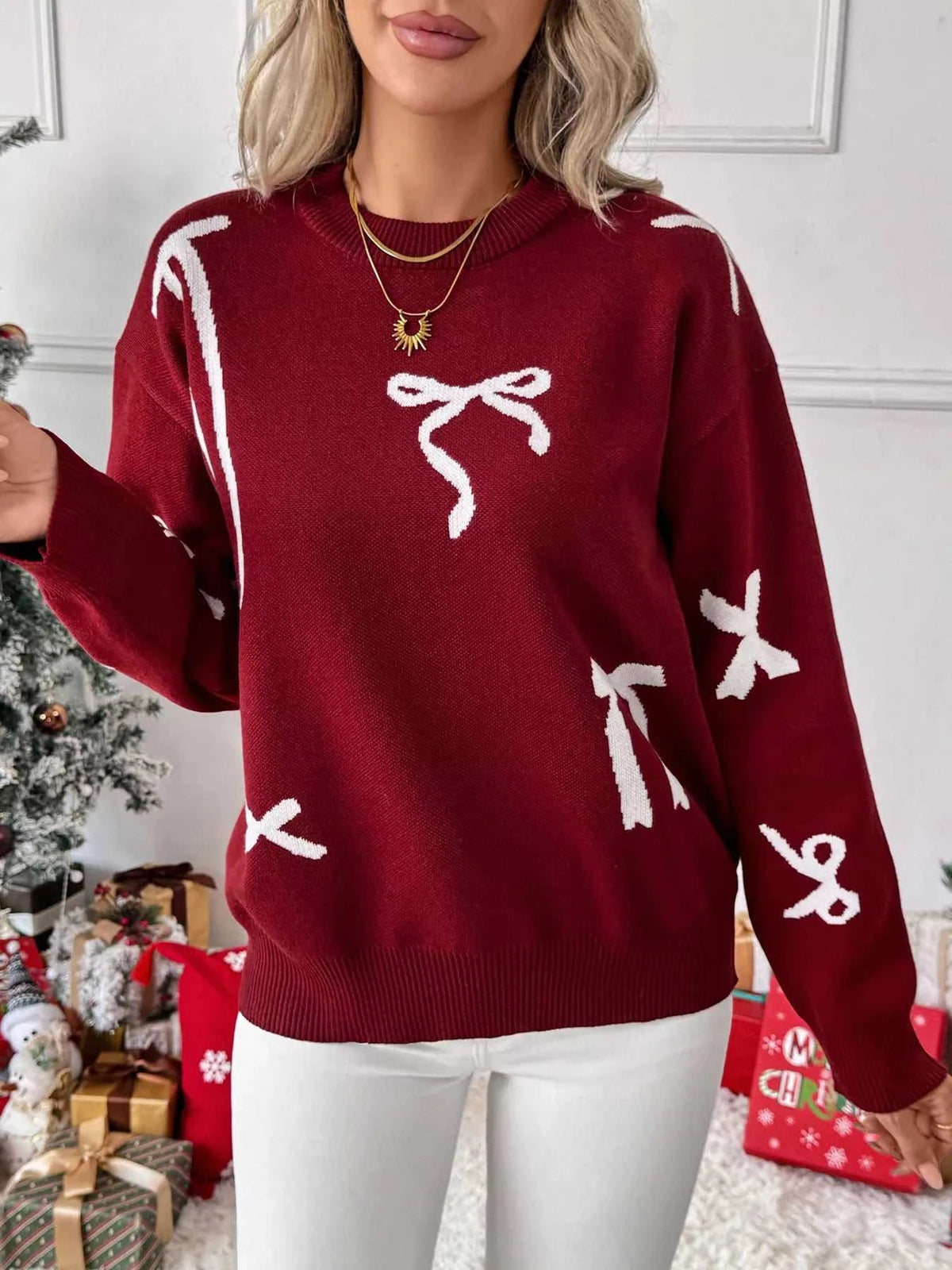 Bow Round Neck Long Sleeve Sweater 100100535010492 44 Affordable Fashion Under $100 Jerry's Apparel 