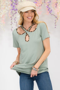 Full Size Crisscross Cutout Leopard Contrast Trim T-Shirt