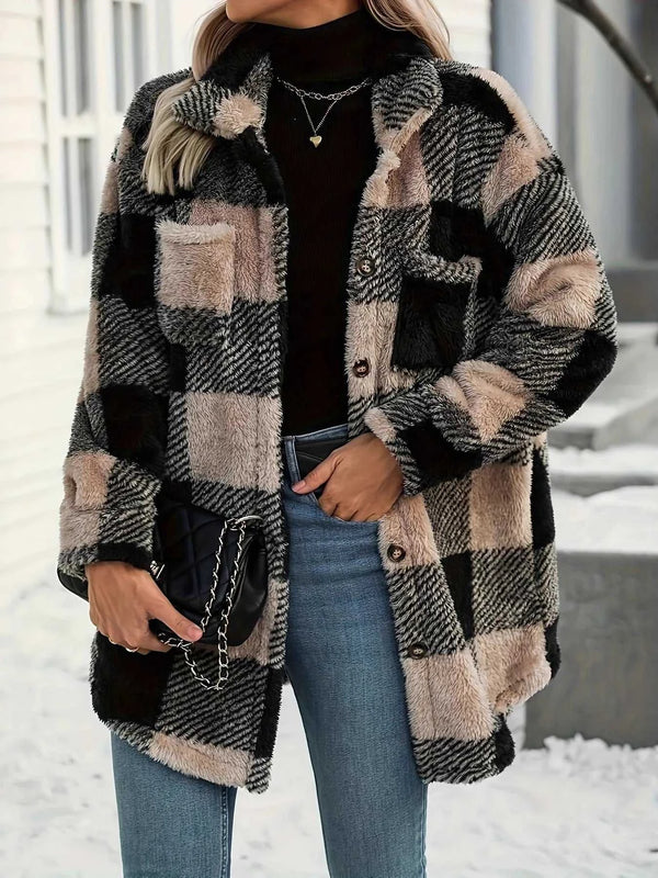 Button Down Collared Neck Plaid Teddy Coat with Pockets 100100921389233 49 Affordable Fashion Under $100 Jerry's Apparel 