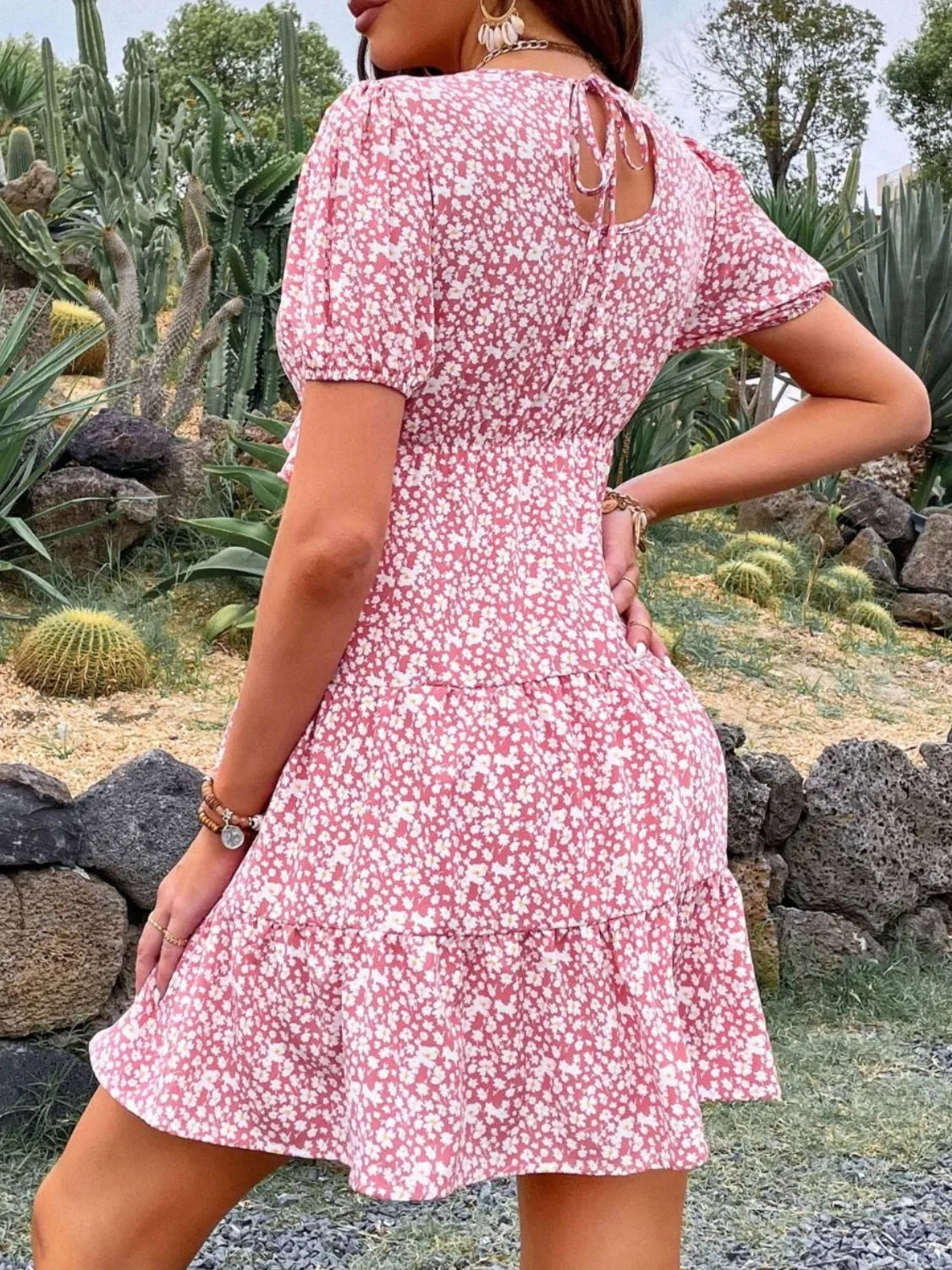 Floral Print Wrap Mini Dress with Puff Sleeves