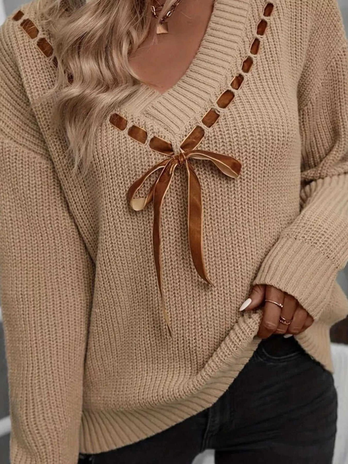Ribbon Tie V-Neck Sweater 101002827607745 43 Affordable Fashion Under $100 Jerry's Apparel 