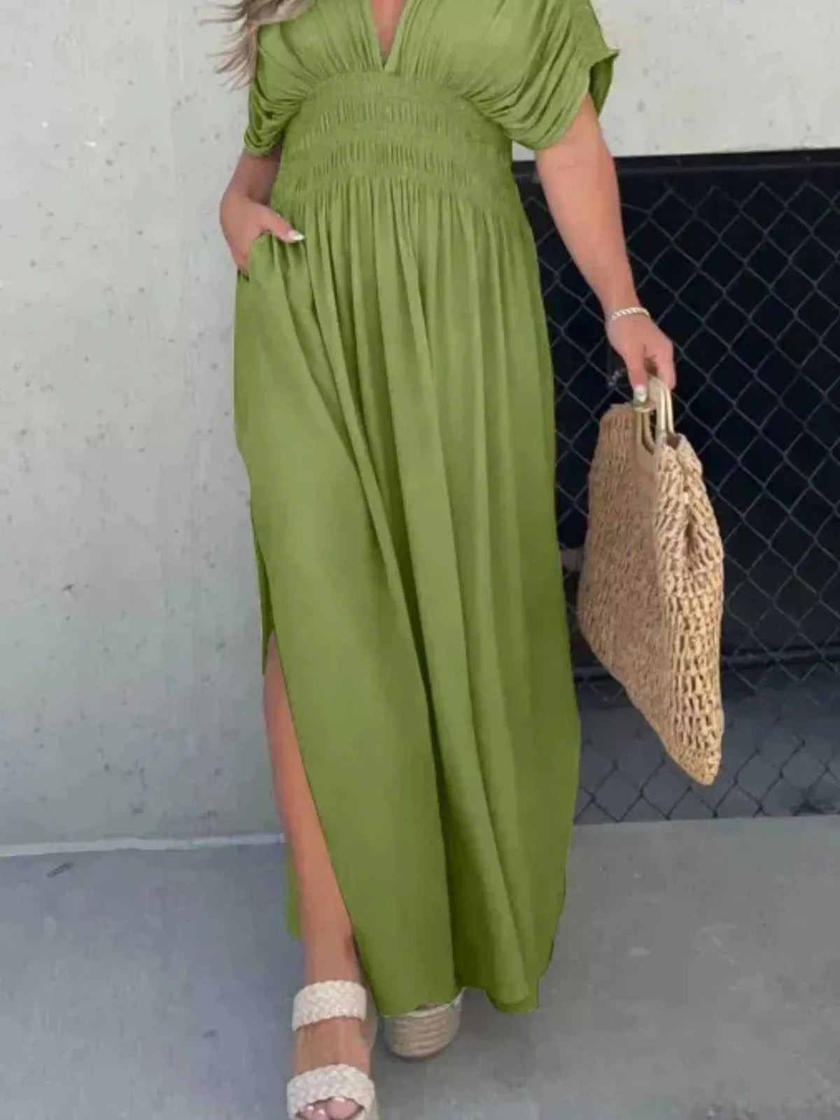 Full Size Slit V-Neck Smocked Waist Maxi Dress Plus Size 100100000480005 59 Gifts for Her Jerry's Apparel 