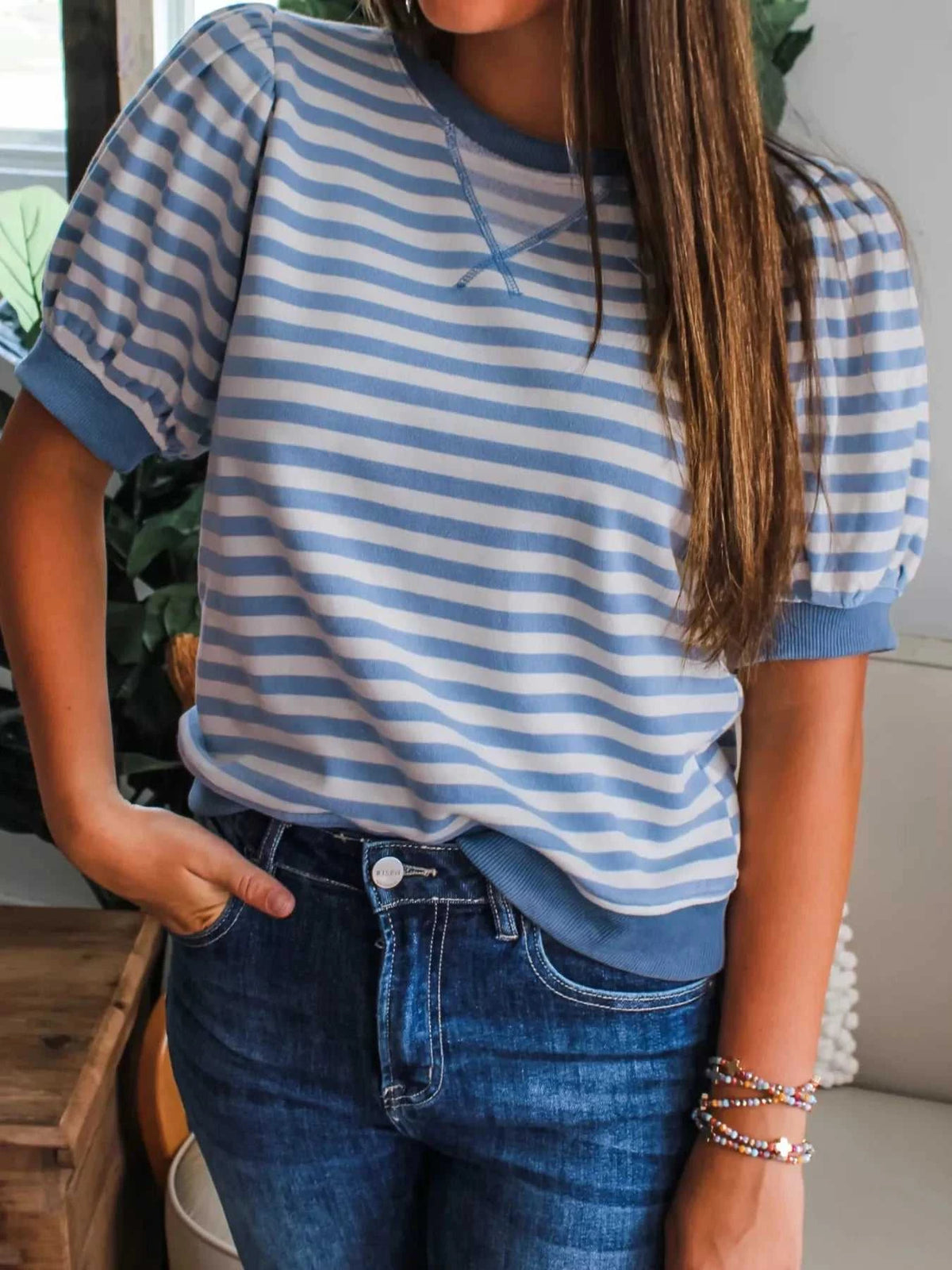 Stripe Short Bubble Sleeve T Shirt 100100135720202 29 Affordable Fashion Under $100 Jerry's Apparel 