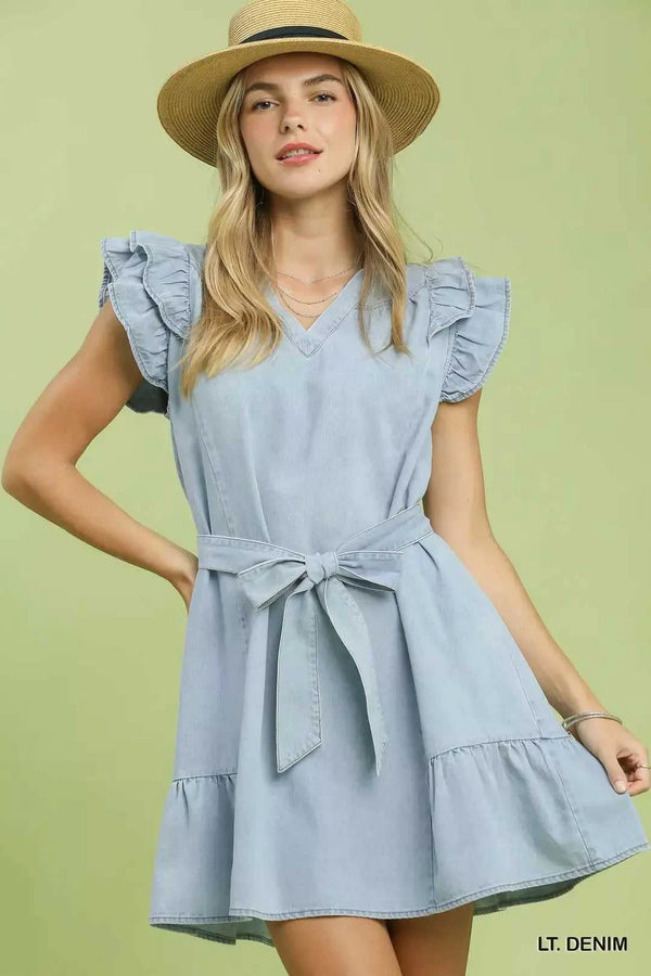 Umgee Chambray Ruffled Denim Dress with Side Pockets 100100668241368 62 Affordable Fashion Under $100 Jerry's Apparel 