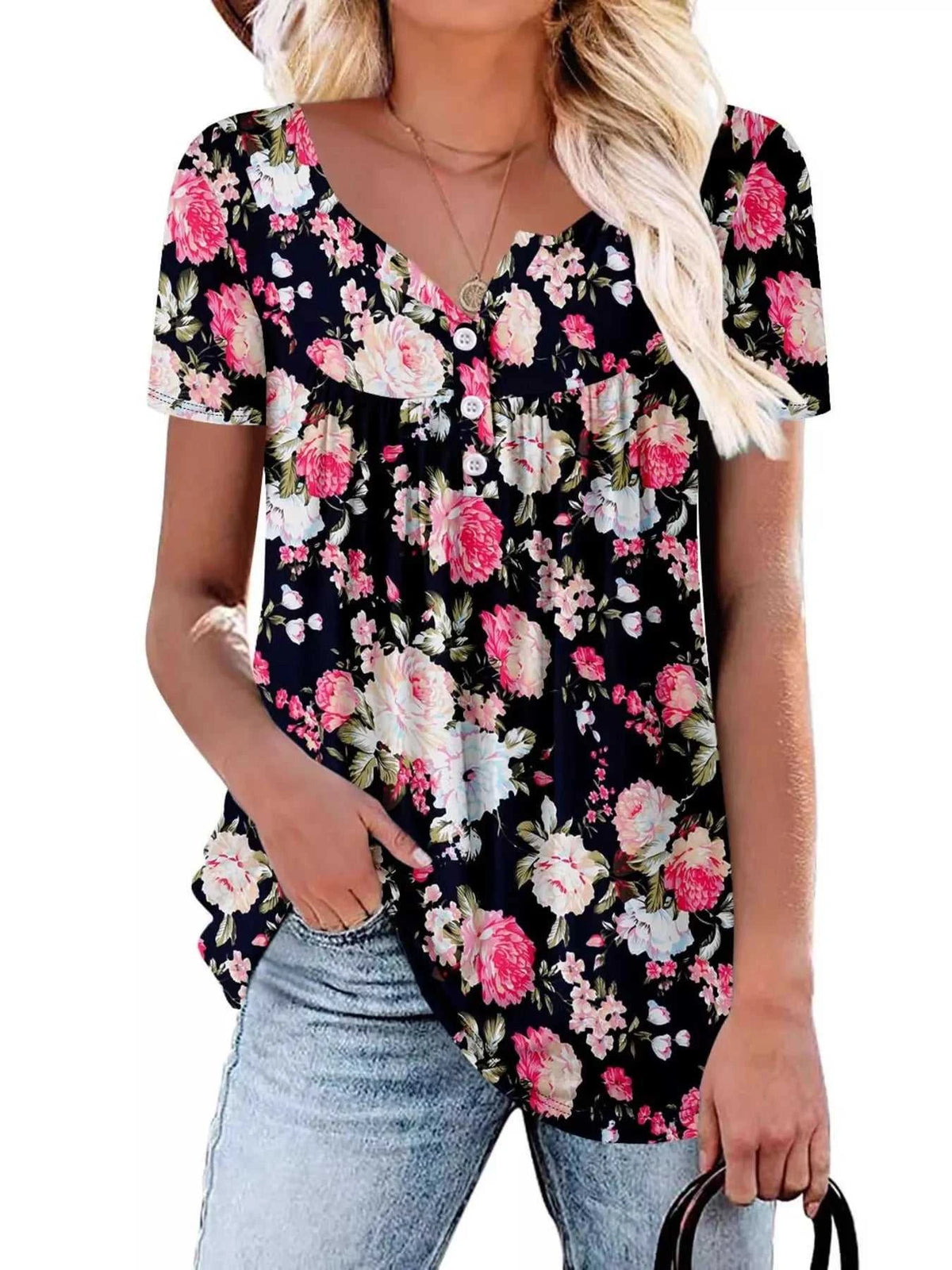 Plus Size Floral Print Short Sleeve T-Shirt 100100354664882 26 Affordable Fashion Under $100 Jerry's Apparel 