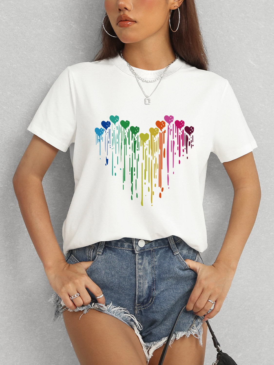 Heart Round Neck Short Sleeve T-Shirt