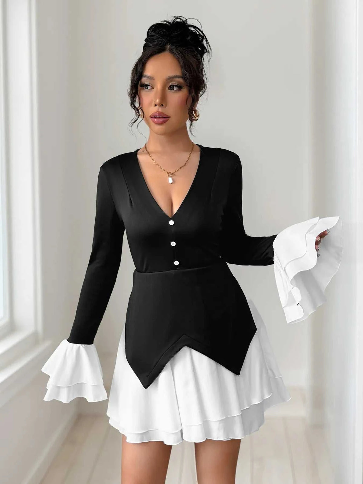 Two Tone V-Neck Long Sleeve Mini Dress 100100895430274 56 Affordable Fashion Under $100 Jerry's Apparel 