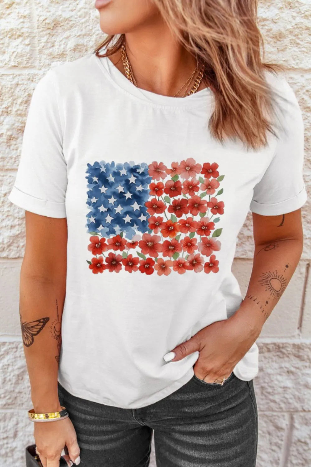 Star Floral American Flag Printed T Shirt