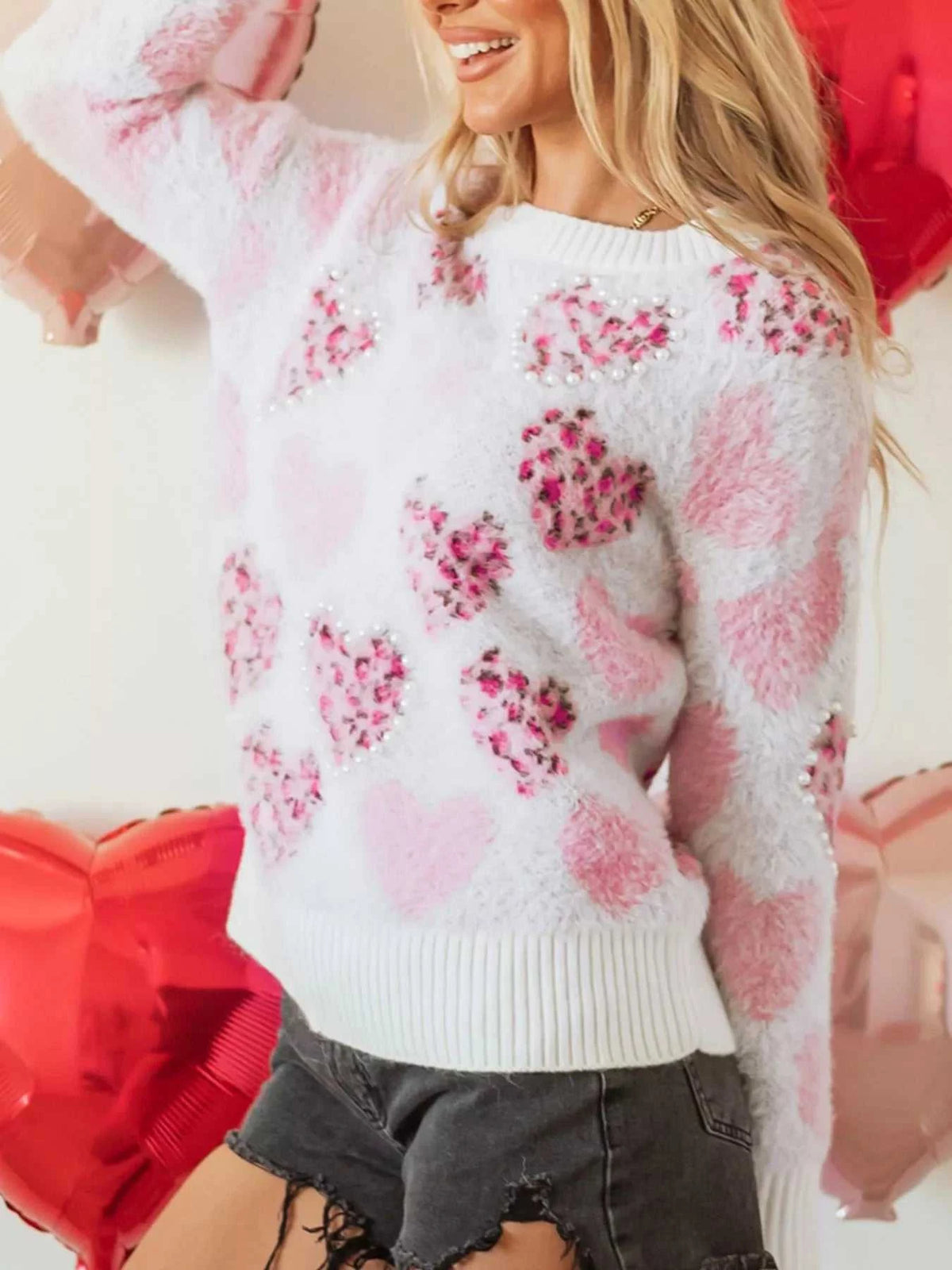 Heart Leopard Pearled Ribbed Trim Fuzzy Sweater 100100337623504 69 Affordable Fashion Under $100 Jerry's Apparel 