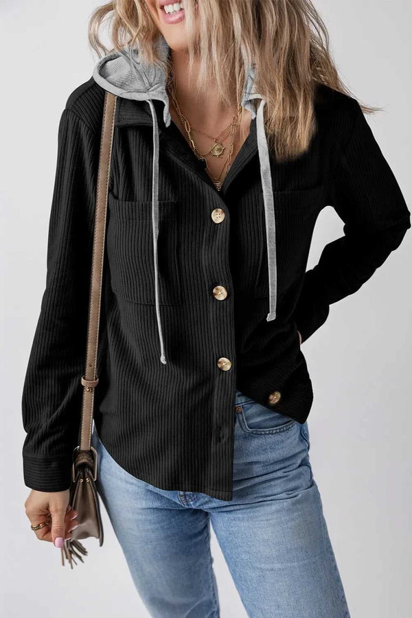 Drawstring Button Up Long Sleeve Hooded Jacket 100100581622606 55 Affordable Fashion Under $100 Jerry's Apparel 