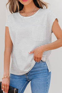 Stripe Cap Sleeve Crew Neck Casual Tee with Chest Pocket