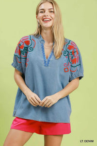 Umgee Embroidered Denim Puff Sleeve Top 100100810541249 60 Affordable Fashion Under $100 Jerry's Apparel 