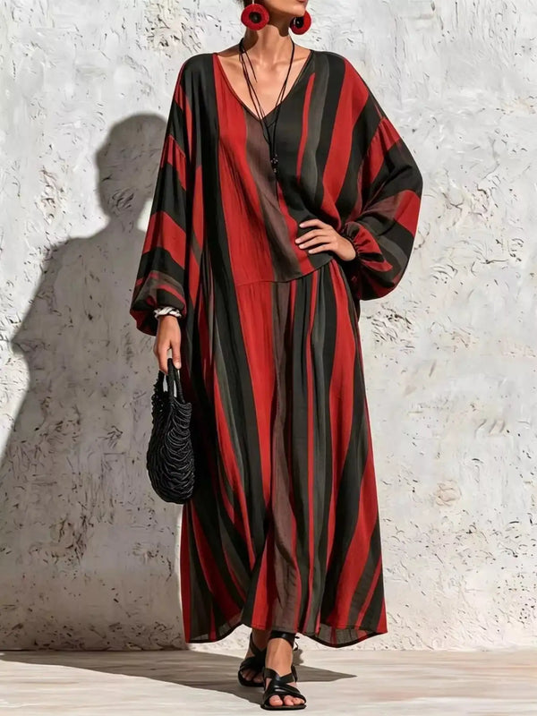 Bohemian Striped V-Neck Loose Top and Wide Leg Pants Set 101001499000333 56 Affordable Fashion Under $100 Jerry's Apparel 