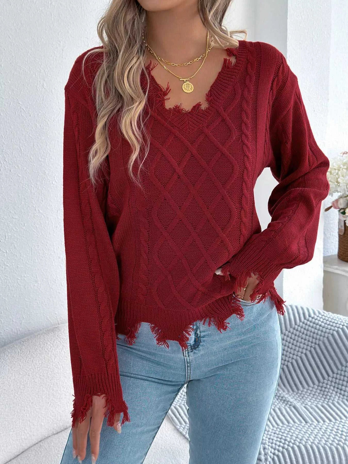 V-Neck Distressed Hem Cable Knit Sweater 101002745879602 36 Affordable Fashion Under $100 Jerry's Apparel 