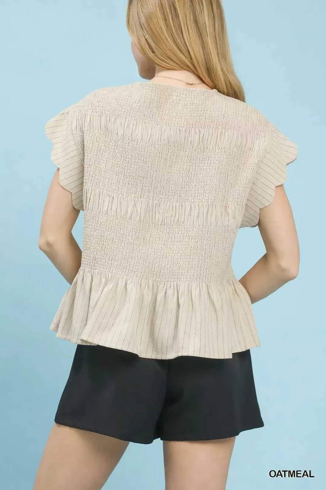 Umgee Pinstripe Smocked Peplum Top 100100452731552 53 Affordable Fashion Under $100 Jerry's Apparel 