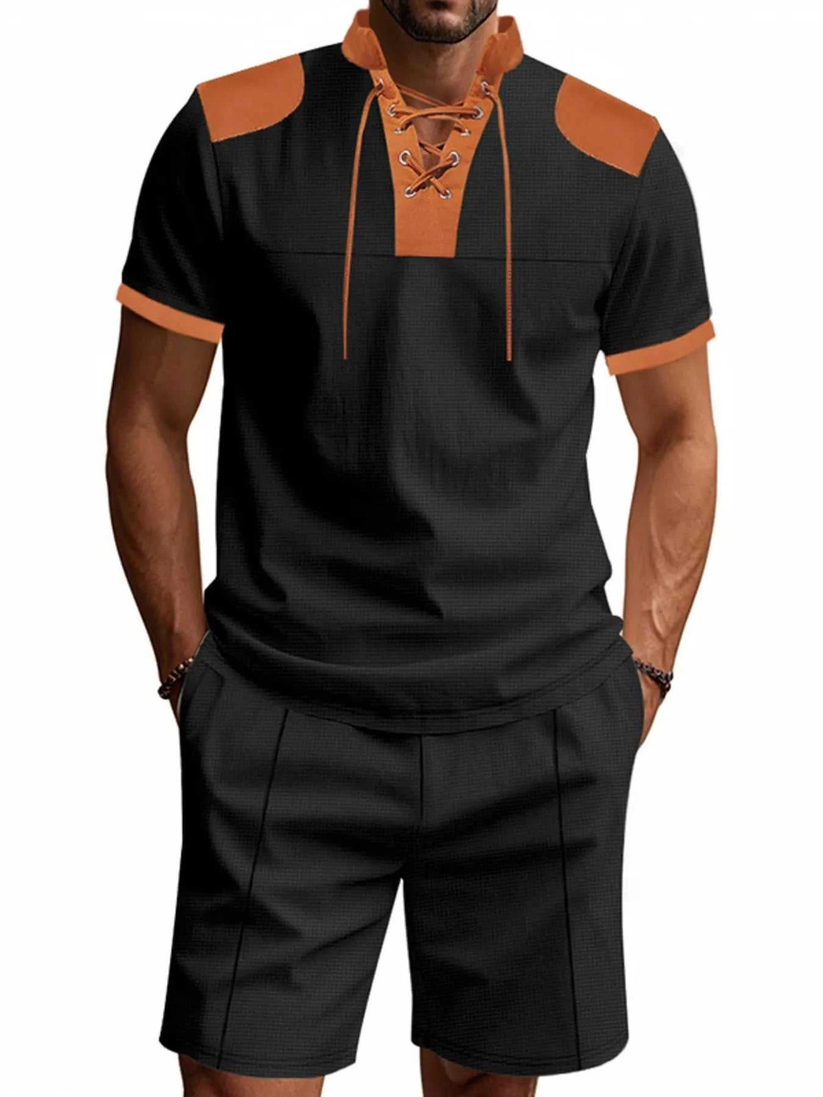 Men's Full Size Lace-Up Collar Casual Top and Shorts Set Plus Size 100400716849911 39 Affordable Fashion Under $100 Jerry's Apparel 