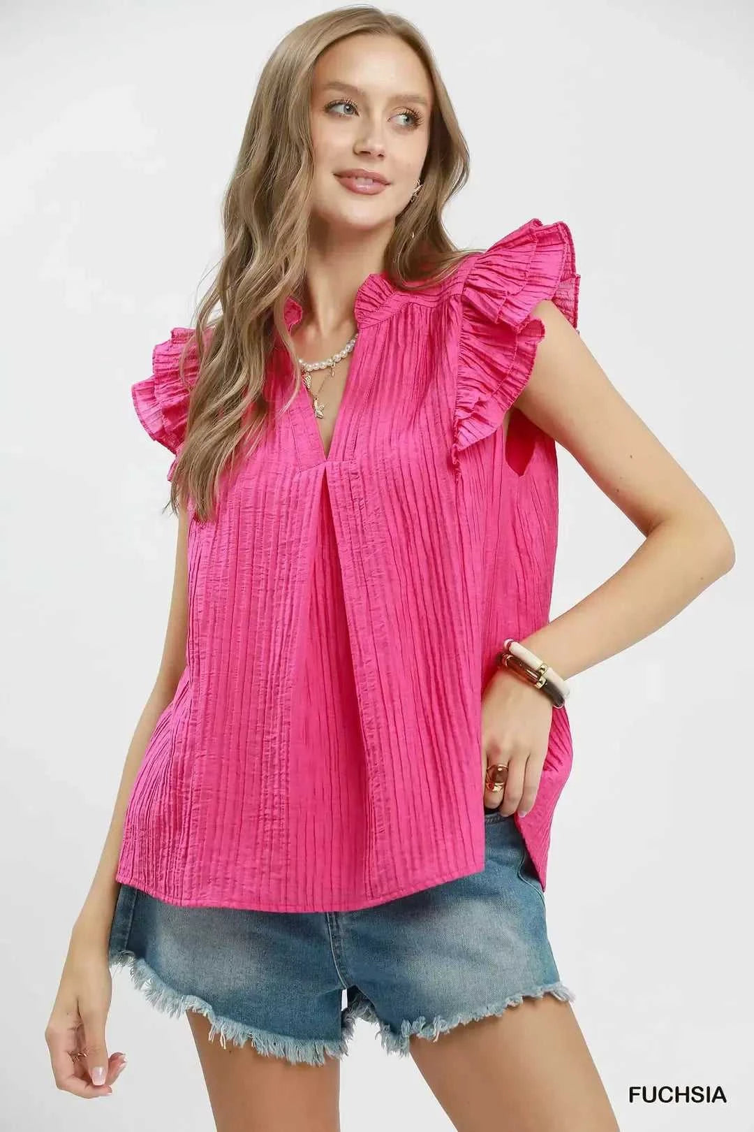 Umgee Textured Ruffle Sleeve Split V Neck Top 100100701051580 51 Affordable Fashion Under $100 Jerry's Apparel 