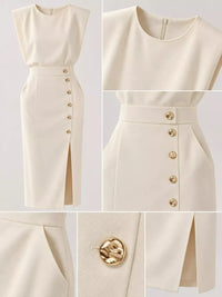 Sleeveless Midi Dress with Gold Button Detail and Side Slit 101001590890082 42 Affordable Fashion Under $100 Jerry's Apparel 