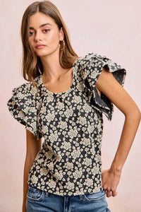 BiBi Floral Jacquard Ruffle Sleeves Knit Top 100100264791752 46 Affordable Fashion Under $100 Jerry's Apparel 