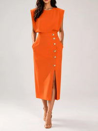 Sleeveless Midi Dress with Gold Button Detail and Side Slit 101001590890082 42 Affordable Fashion Under $100 Jerry's Apparel 