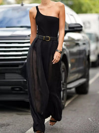 One-Shoulder Bodysuit and Sheer Wide-Leg Pants Set 101001090999044 77 Women's Pants Set Gifts for Her Jerry's Apparel 