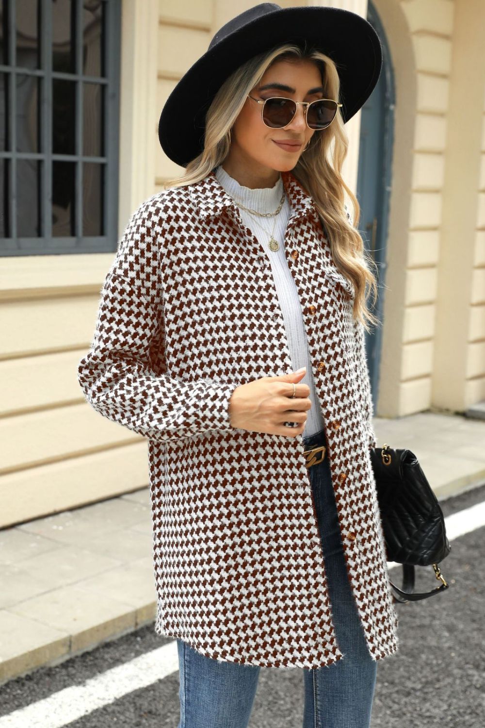 Houndstooth Button Up Dropped Shoulder Coat