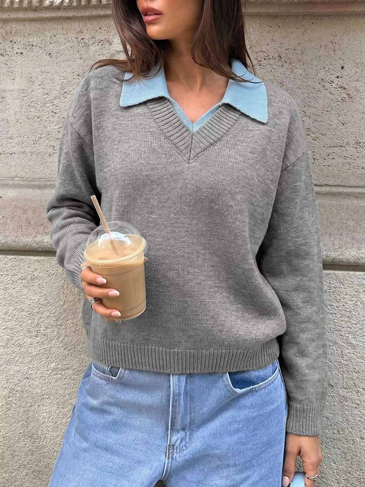 Contrast Collar Dropped Shoulder Sweater 100100912330105 43 Jerry's Apparel 