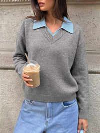 Contrast Collar Dropped Shoulder Sweater 100100912330105 43 Jerry's Apparel 