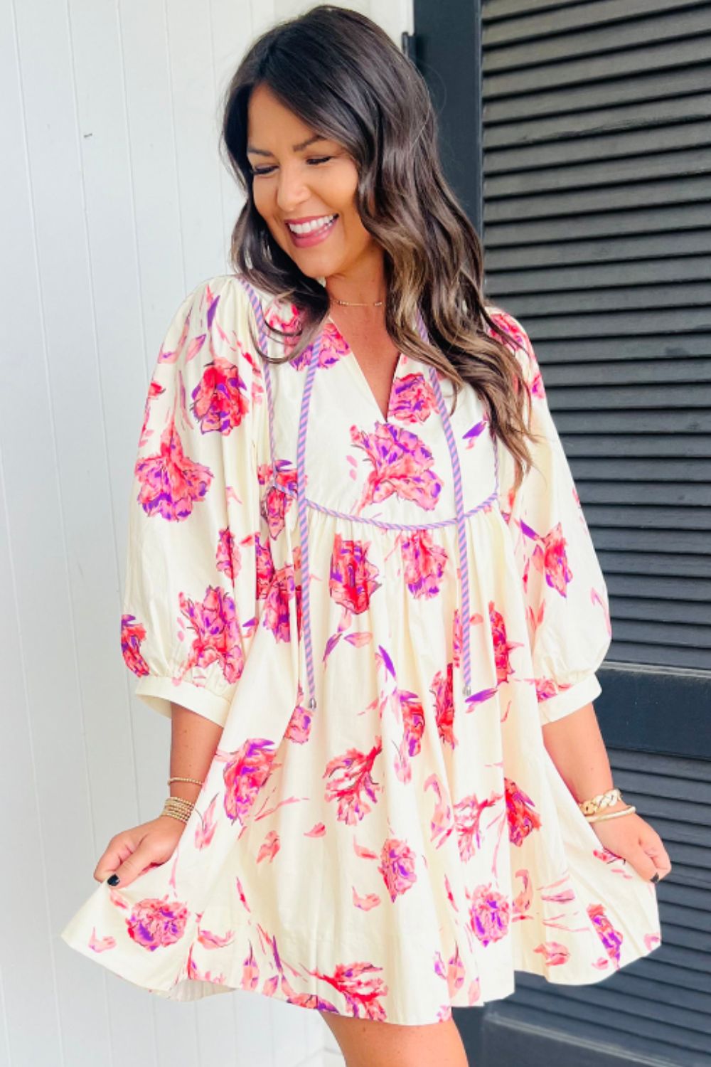 Tied Flower Printed Three-Quarter Sleeve Dress