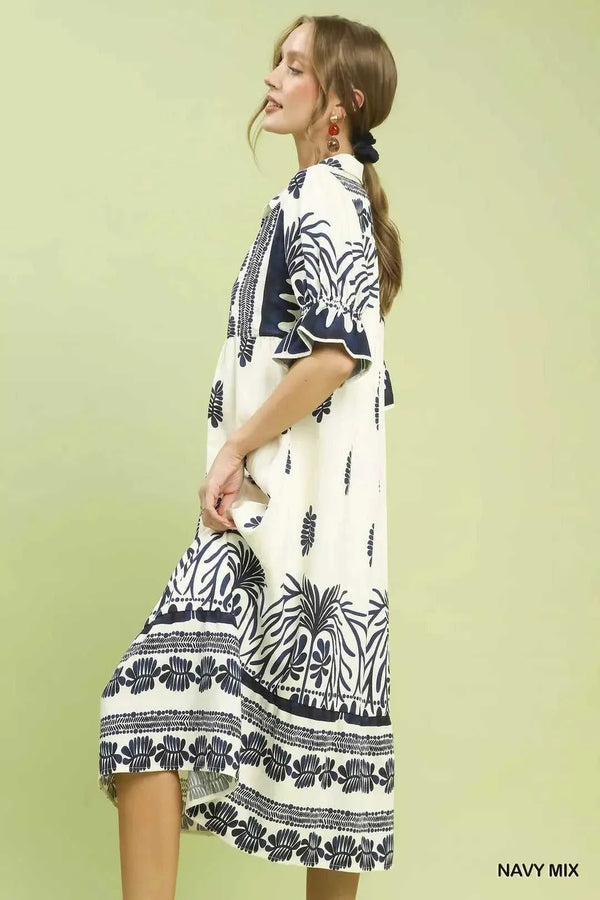 Umgee Border Print Midi Dress with Puff Sleeves 100100999481201 53 Affordable Fashion Under $100 Jerry's Apparel 