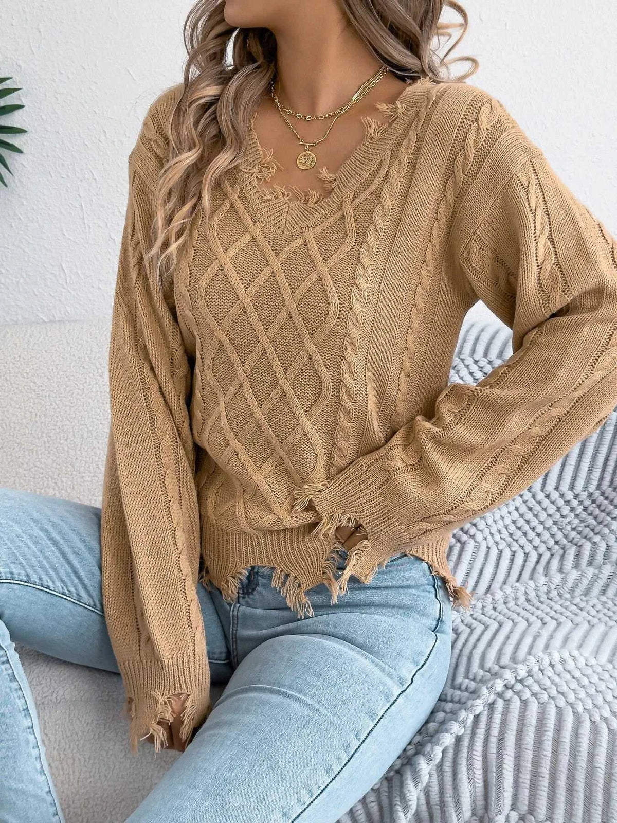 V-Neck Distressed Hem Cable Knit Sweater 101002745879602 36 Affordable Fashion Under $100 Jerry's Apparel 