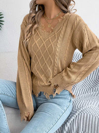 V-Neck Distressed Hem Cable Knit Sweater 101002745879602 36 Affordable Fashion Under $100 Jerry's Apparel 