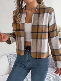 Plaid Open Front Long Sleeve Jacket