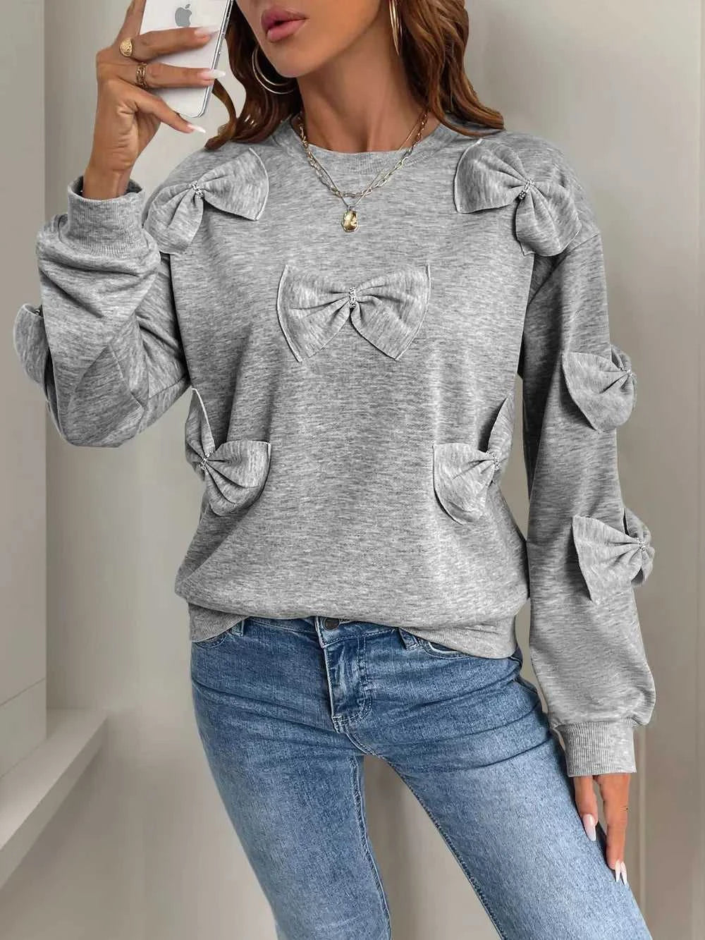 Perfee Bow Round Neck Long Sleeve Sweatshirt 100100195831122 31 Affordable Fashion Under $100 Jerry's Apparel 