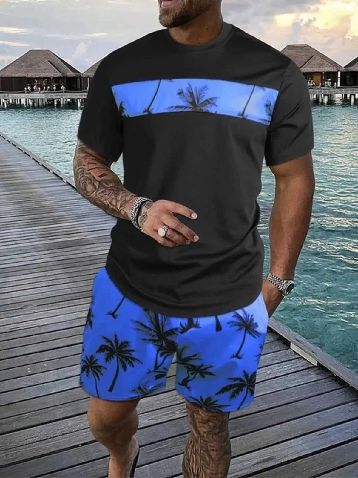Men's Full Size Tropical Palm Tree Tee and Shorts Set Plus Size 100400554802541 22 Men's Sets Jerry's Apparel 