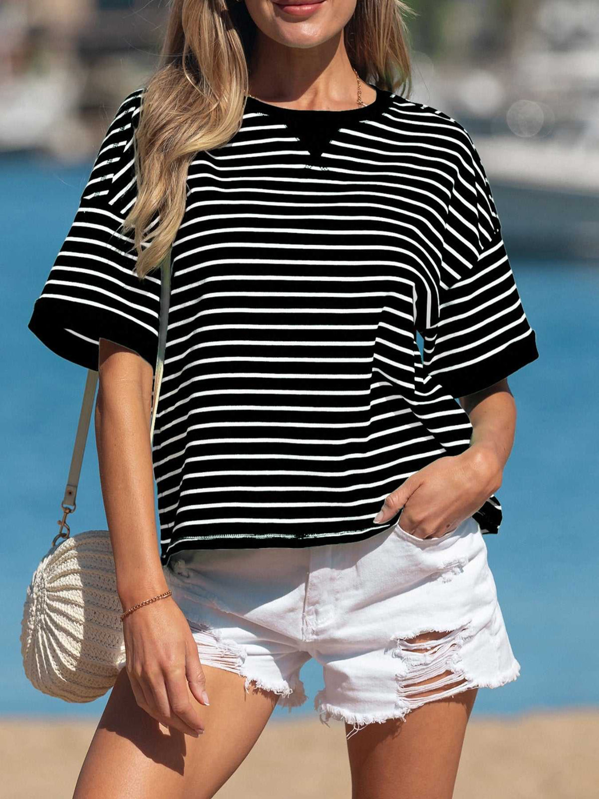 Stripe Ribbed Patchwork Seam Detail Half Sleeve Tee 100100030150756 29 Affordable Fashion Under $100 Jerry's Apparel 