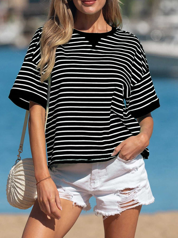 Stripe Ribbed Patchwork Seam Detail Half Sleeve Tee 100100030150756 29 Affordable Fashion Under $100 Jerry's Apparel 