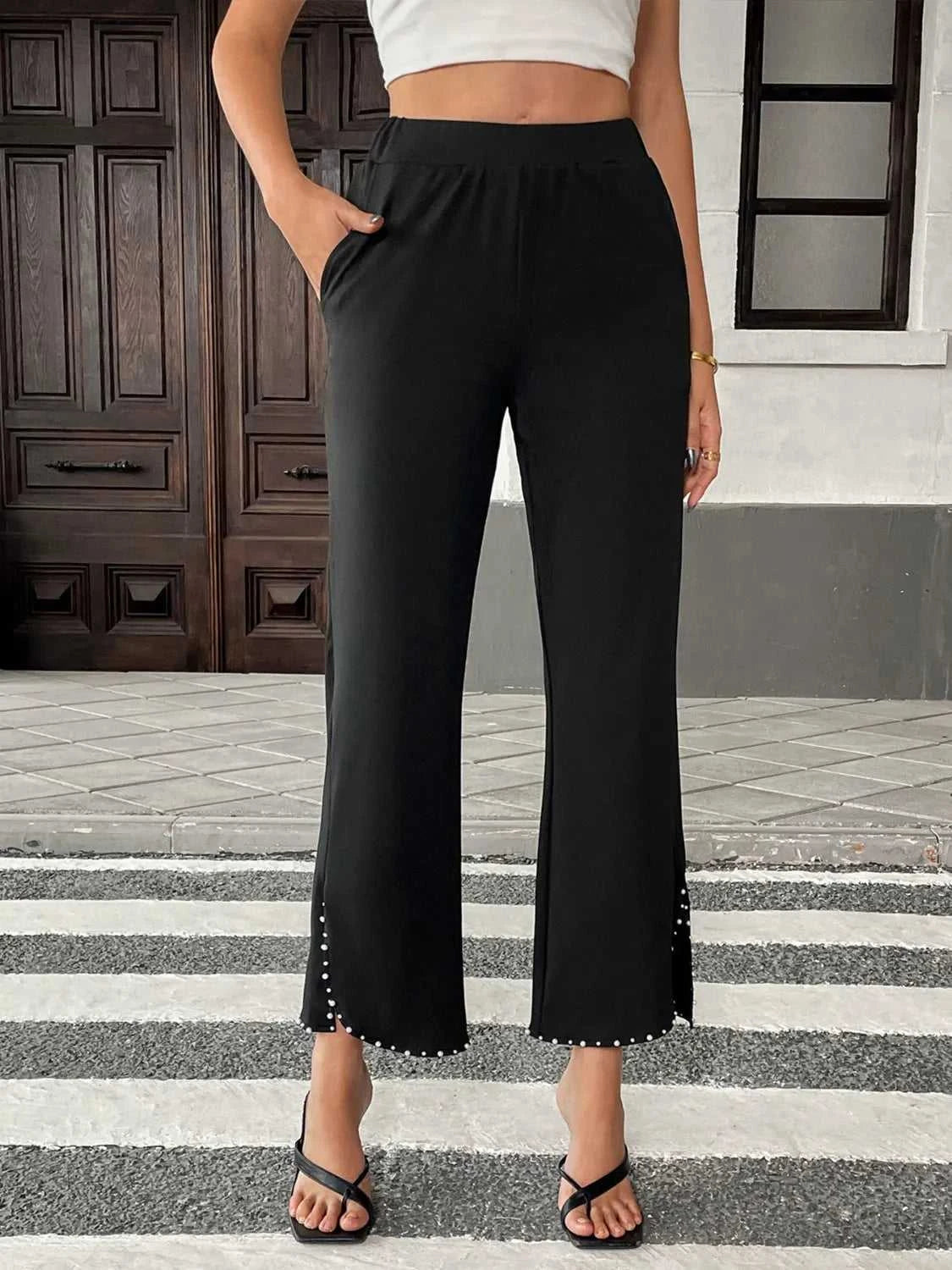 Pearl-Embellished Cropped Wide-Leg Pants 100100730581749 34 Affordable Fashion Under $100 Jerry's Apparel 