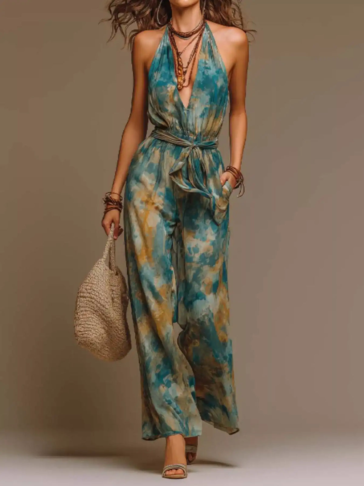 Full Size Boho Tie-Dye Halter Neck Wide-Leg Jumpsuit with Waist Tie Plus Size 101001871091182 63 Affordable Fashion Under $100 Jerry's Apparel 