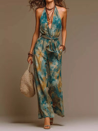 Full Size Boho Tie-Dye Halter Neck Wide-Leg Jumpsuit with Waist Tie Plus Size 101001871091182 63 Affordable Fashion Under $100 Jerry's Apparel 
