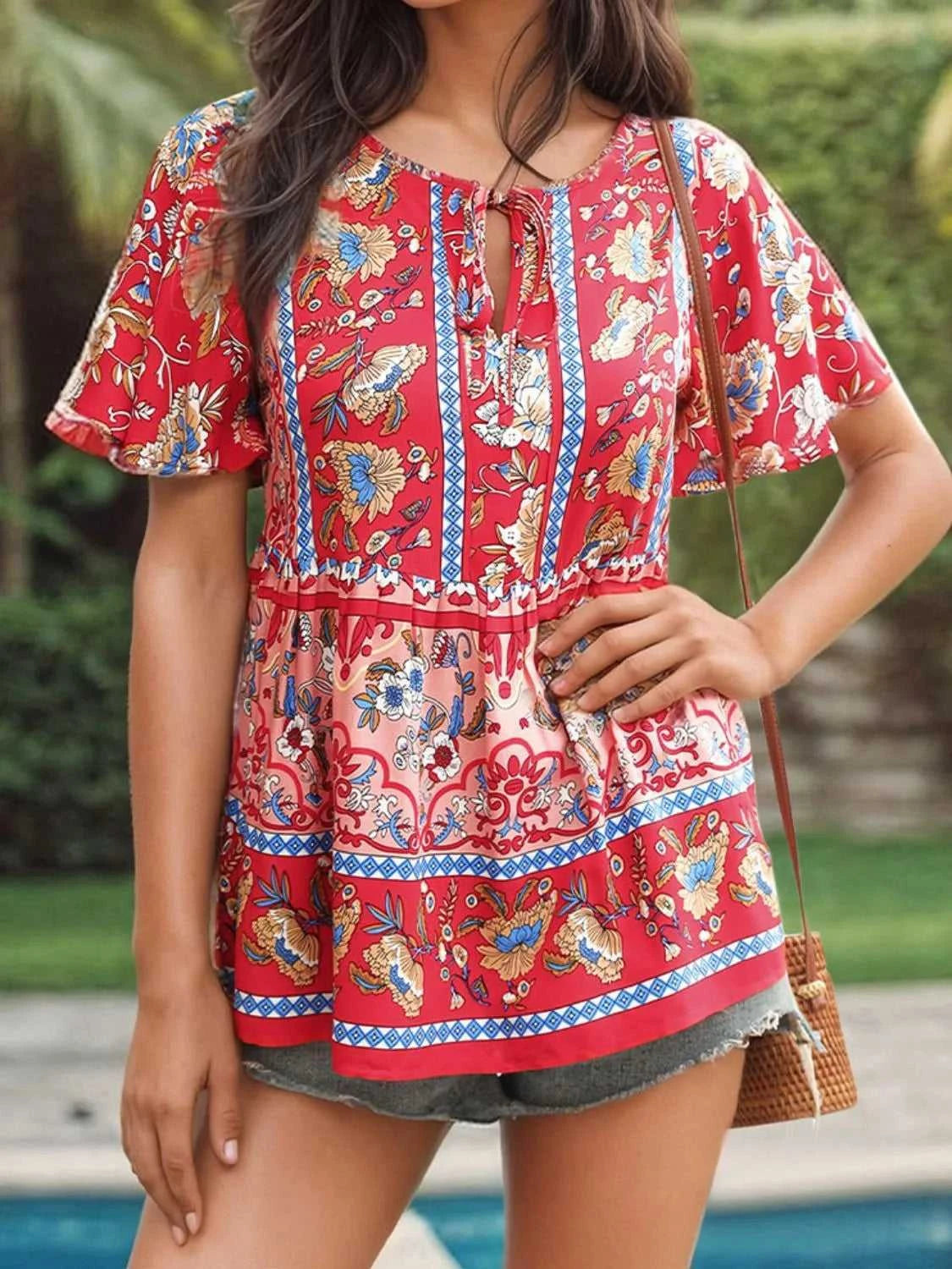 Floral Print Tie Neck Flutter Sleeve Blouse 100100839291021 32 Affordable Fashion Under $100 Jerry's Apparel 