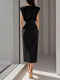 Sleeveless Midi Dress with Gold Button Detail and Side Slit 101001590890082 42 Affordable Fashion Under $100 Jerry's Apparel 