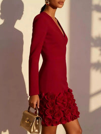V-Neck Long Sleeve Mini Dress with 3D Rose Floral Hem 101001375780495 54 Affordable Fashion Under $100 Jerry's Apparel 