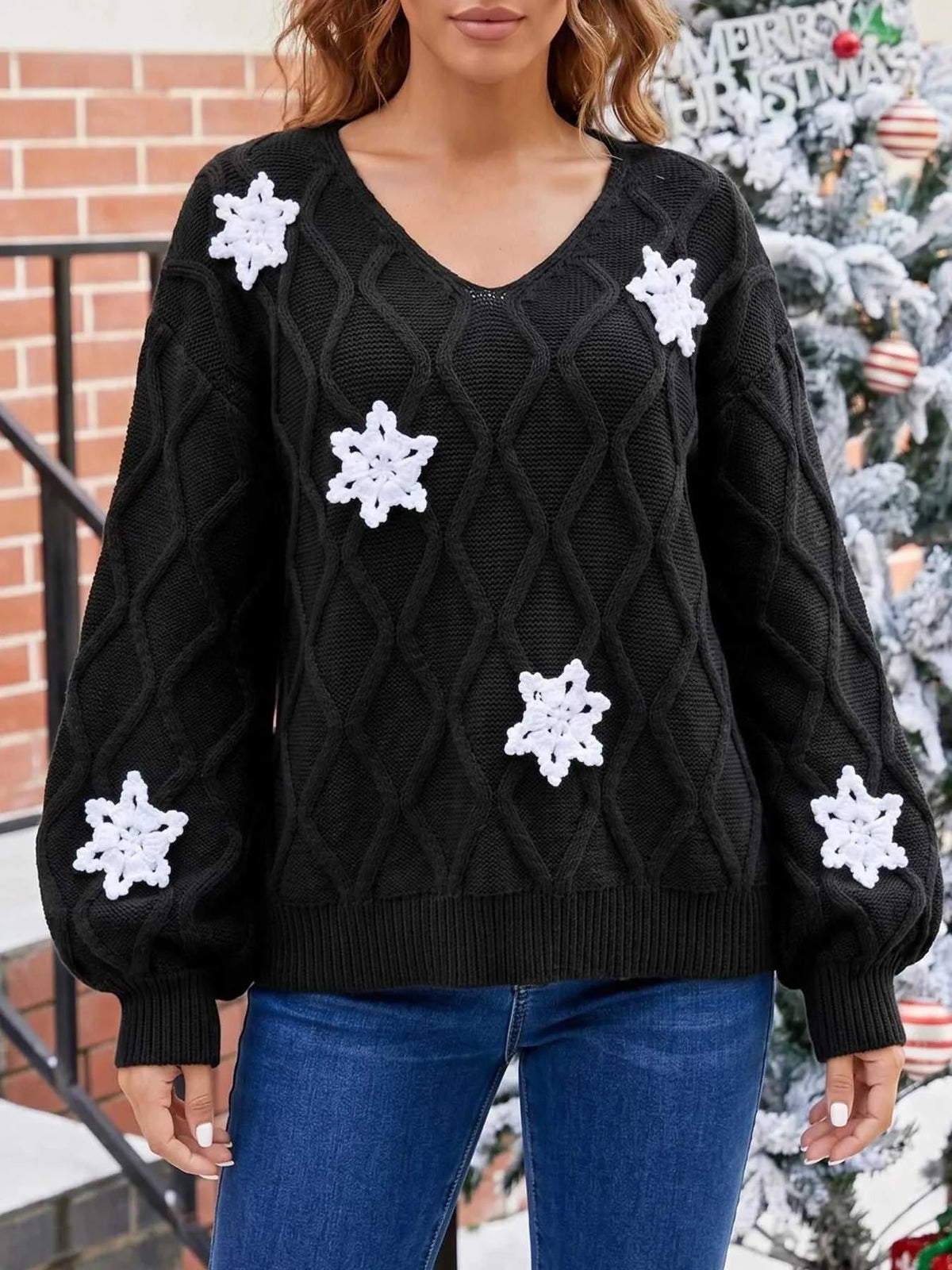 Snowflake Textured V-Neck Sweater 101002212171336 40 Affordable Fashion Under $100 Jerry's Apparel 